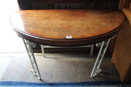 Walnut D topped table, with iron base